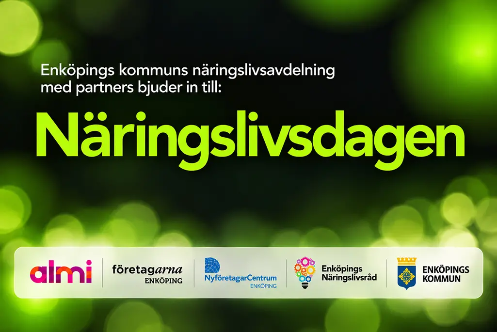 Grön inbjudningsgrafik för Näringslivsdagen från Enköpings kommuns näringslivsavdelning och partners